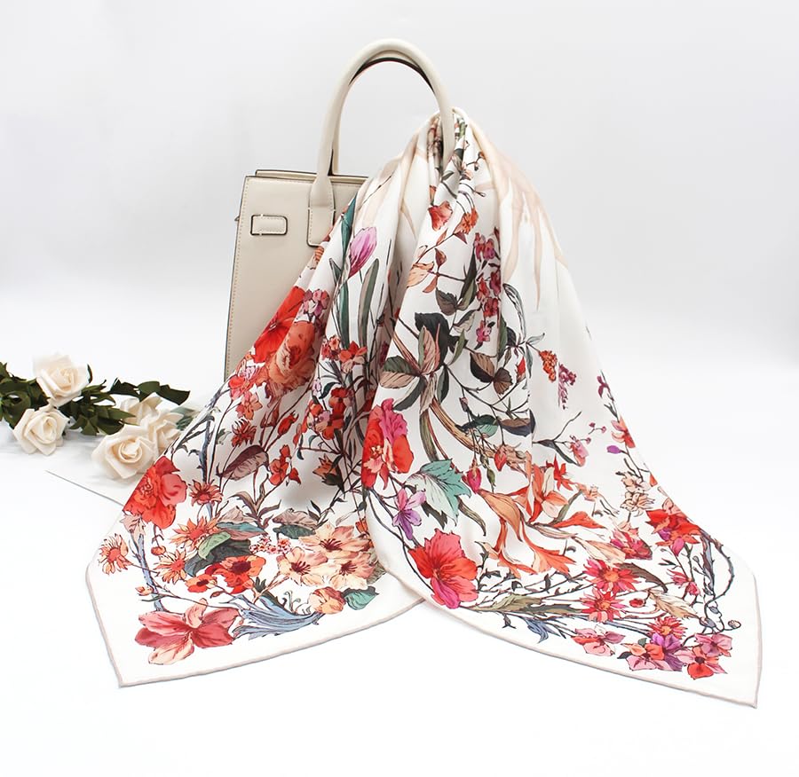ANDANTINO 100% Mulberry Silk Scarf -Women 35" Square Hair Wraps-Gift Packed - color: Floral-white-twill