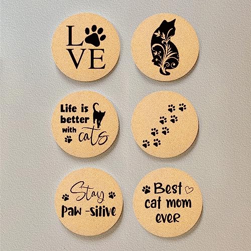 Coasters for Drinks with Holder Set of 6, Cat Paw Coaster for New Home Couples House Warming Gifts Absorbent Cork Wood for Cup Desk Coffee Table Office Kitchen Decor, Round 4" - color: Cat Paw