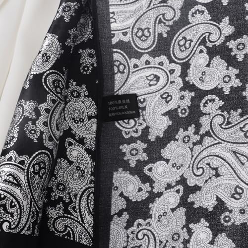 Women 100% Mulberry Silk Neck Scarf 21" Square Floral Neckerchief - color: Black White Paisley