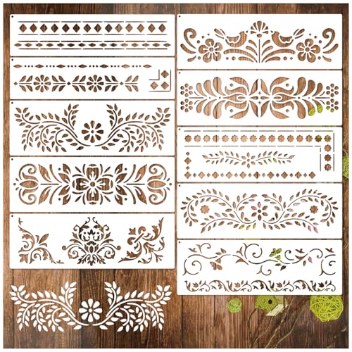 Corner Border Stencils for Crafts, Mexican Flower Floral Lace Furniture Stencils for Painting on Wood Reusable Wood Burning Drawing Art Paint Patterns for Wall Cookie Canvas Floor(Border) - style: border