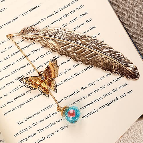 Toirxarn Metal Feather Bookmark, Back to School Teacher Gift for Women - color: Feather Gold - Light Blue Crystal With Pink Flower