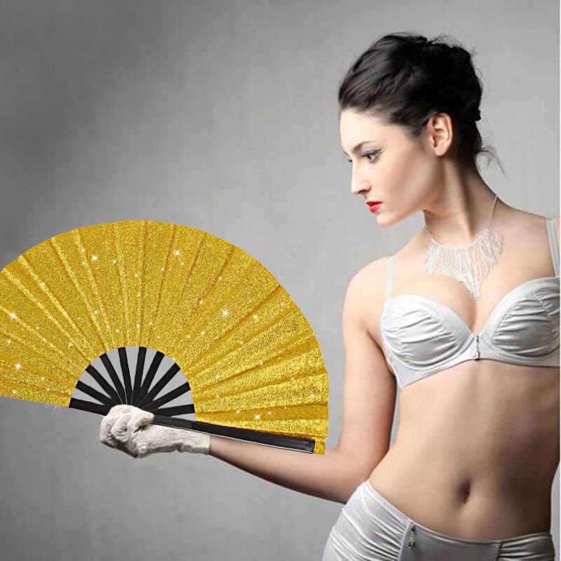 2 Pack Glitter Large Folding Hand Fans for Line Dancing, Popping Fan Large Rave Hand Fan for Boots On The Ground Dance, Concert, Party, Festival, Home Decorations(Gold) - color: 2 Gold