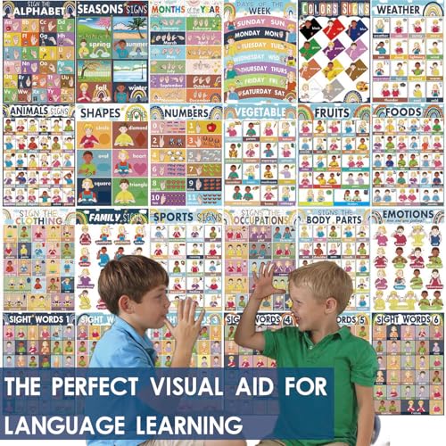 YIYDONG 24 Boho American Sign Language Posters for Kids, Babies & Toddlers, ABC ASL Flash Cards, Classroom Decor