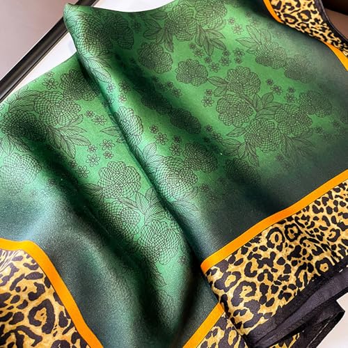 100% Mulberry Silk Neck Scarf for Women Square Neckerchief – 21 inch - color: Green Leopard
