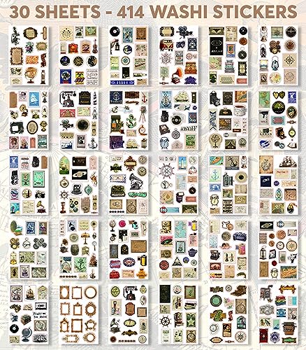 Junk Journal Supplies with 410+ Washi Stickers & Vintage Scrapbook Stickers - color: Lost Treasures