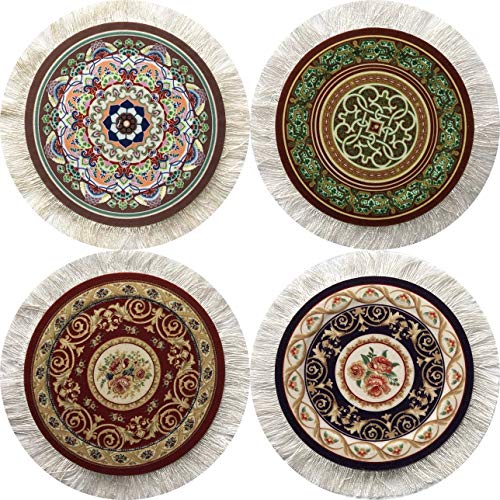 Turkish Rug Coasters Set of 4 – Round Carpet-Style Drink mats with Fringe, Non-Slip Backing, Decorative Home Accent | Dining Accessory - color: Set-2