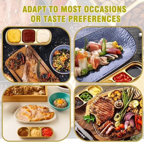 14 Pcs Soy Sauce Dish Stainless Steel Divided Dip Bowls Korean Sauce Plate Seasoning Dipping Condiment Tray for Sushi BBQ Vinegar Spice Salt Sugar Flavor Home Kitchen Restaurant (Gold, 3 Compartment)
