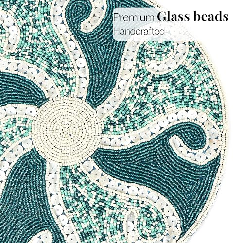 Beaded Placemats 13 Inch Round - Handmade Table Mat for Dining Table, Centerpiece, Wedding, Holiday, Thanksgiving, Gold Silver Beige Glass Beads (Teal Ivory) - ALPHA Living HOME - color: Teal Ivory, size: Set of 1