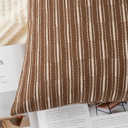 Kevin Textile Pillow Covers, Square Throw Pillow Covers Set of 2, Boho Woven Texture Linen Decorative Burlap Pillow Cases for Couch Bedroom Living Room, 18x18 inch, Brown - color: A-brown, size: 18" x 18" (Pack of 2)