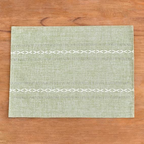Wracra Cotton Linen Place Mats, Sage Green Embroidered Placemats Set of 6 - color: Hemstitched Sage Green, size: Placemats(Set of 6)
