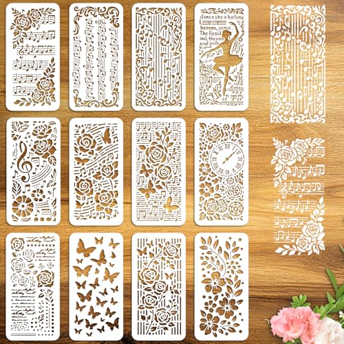 12Pcs Musical Note Stencil PET Painting Templates Inlay Border Stencils for Furniture Reusable DIY Craft for Wall Wood Fabric Canvas Paper Home Decor - color: note element
