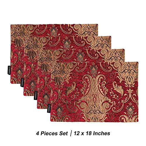 Loom and Mill Luxury Chenille Damask Placemats for Christmas, Set of 4, Red - color: Red_florence, size: 4 Pieces