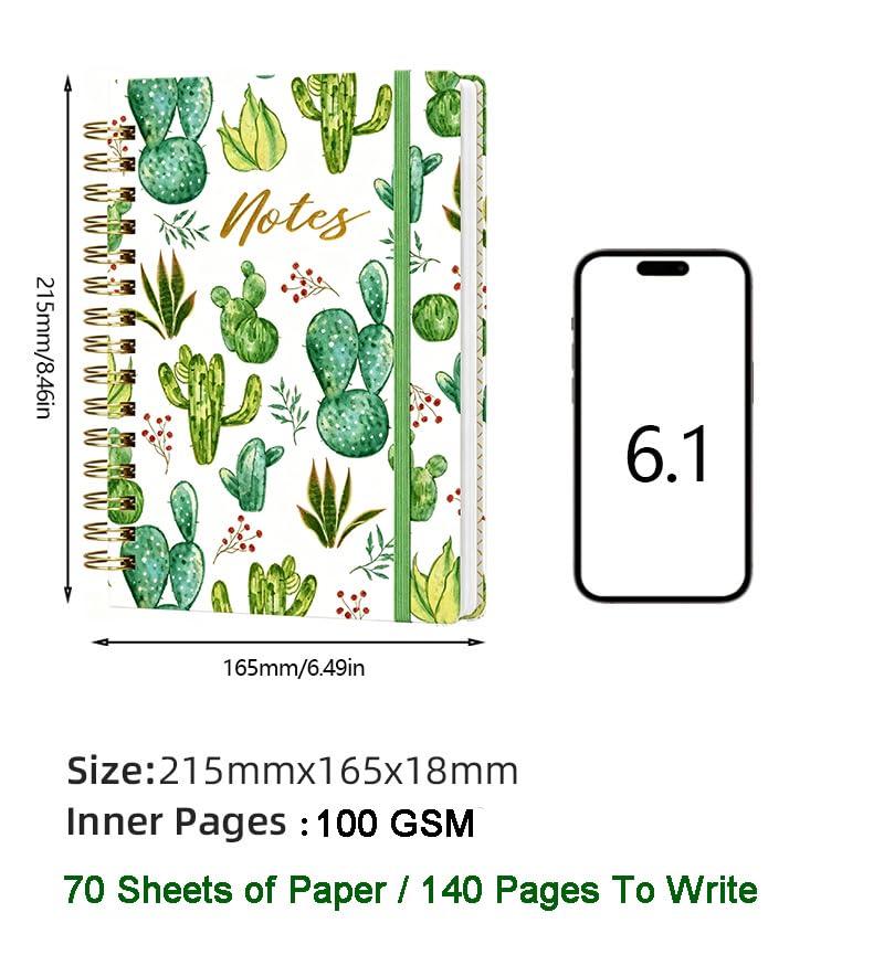 Cute Spiral Journal Planner, A5 Hardcover Lined Writing Journals for Women - color: Green Cactus