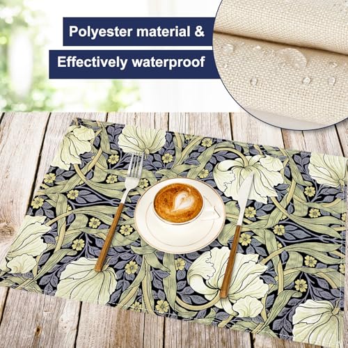 Foliage Placemats Vintage Floral Table Mats 12 x 18 Inch Retro Flower Kitchen Place Mats for Party Home Dining Table Decoration, Set of 6