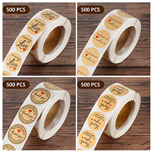Outus 2000 Pieces Handmade with Love Stickers Roll Thank You Label Kraft Round Adhesive Stickers 4 Rolls, 500 Labels Per Roll for Present Bags Wedding Thanksgiving, 1 Inch