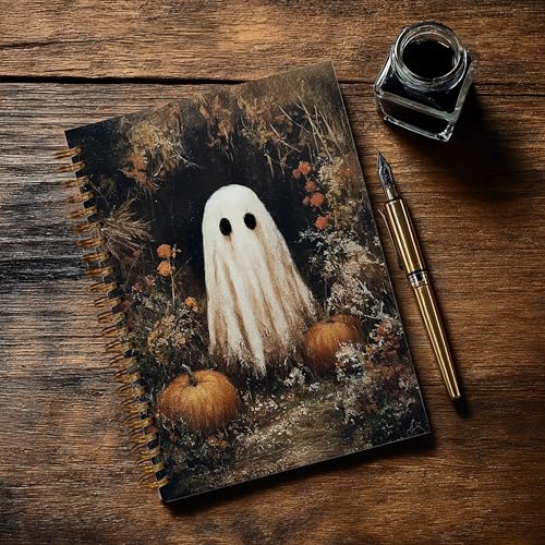 Notebook Journal for Women - A5 Spiral Notebook with Ghost in forest Design, Vintage Dark Romantic Ghost Wildflowers, Gothic Office & School Supplies, Unique Gifts for Women Birthday, Christmas (Pumpkin & ghost) - color: Pumpkin & ghost