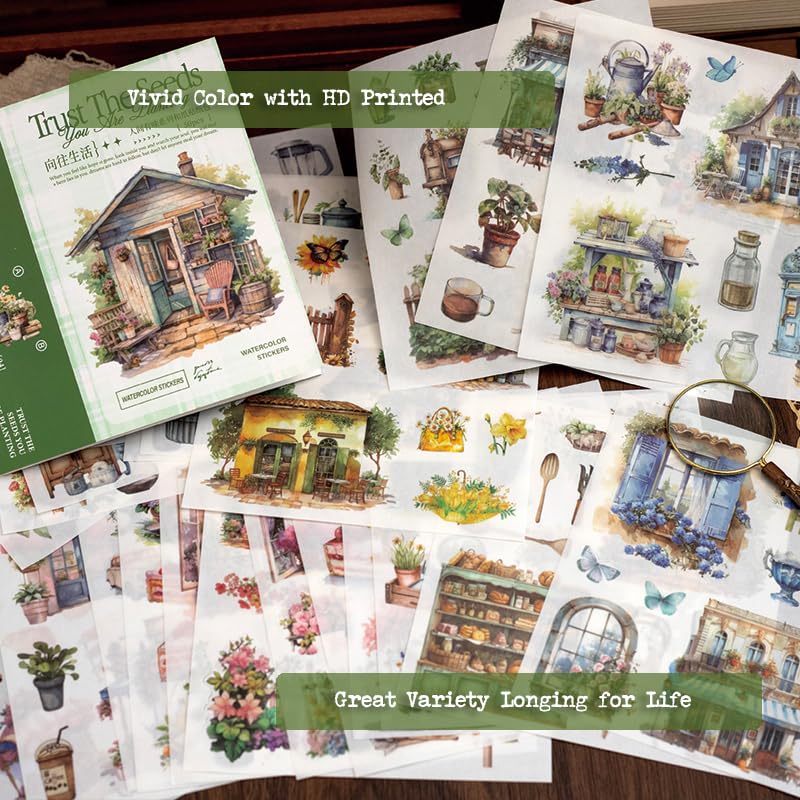 Garden Journal Stickers for Junk Journal Supplies, 50 Sheets Precut Watercolor Washi Sticker Book for Journaling, Scrapbooking, Bujo, Card Making, Art Crafts, Adults - color: Idea Life Stickers