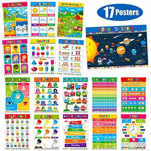 Gethelud 17 Packs Educational Poster, PET Film Covered Preschool Learning Tools for Nursery Kindergarten Toddlers - color: 17 Educational Posters A