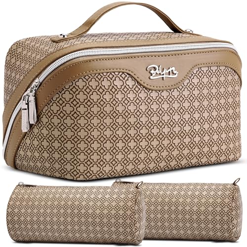 BOYATU Travel Makeup Bag for Women: Four Leaf Clover 3 Pcs Set Cosmetic Bag - color: M-05Brown