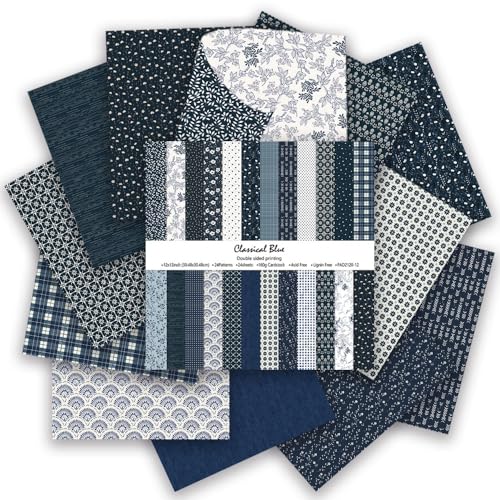 Gingham Scrapbook Paper 12x12 Blue,24 Sheets Double-Sided Boho Blue Floral Pattern CardStock Paper Pad Boho Tone Decorative Craft Papers for Holiday Cardmaking DIY Collage Papers. - color: PAD2120