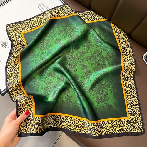 100% Mulberry Silk Neck Scarf for Women Square Neckerchief – 21 inch - color: Green Leopard