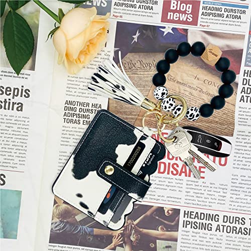 Keychain Wallet Wristlet Small Credit Card Holder Bracelet Key Chain Purse Bangle Tassel Beads Key Rings for Women - color: 01-cow