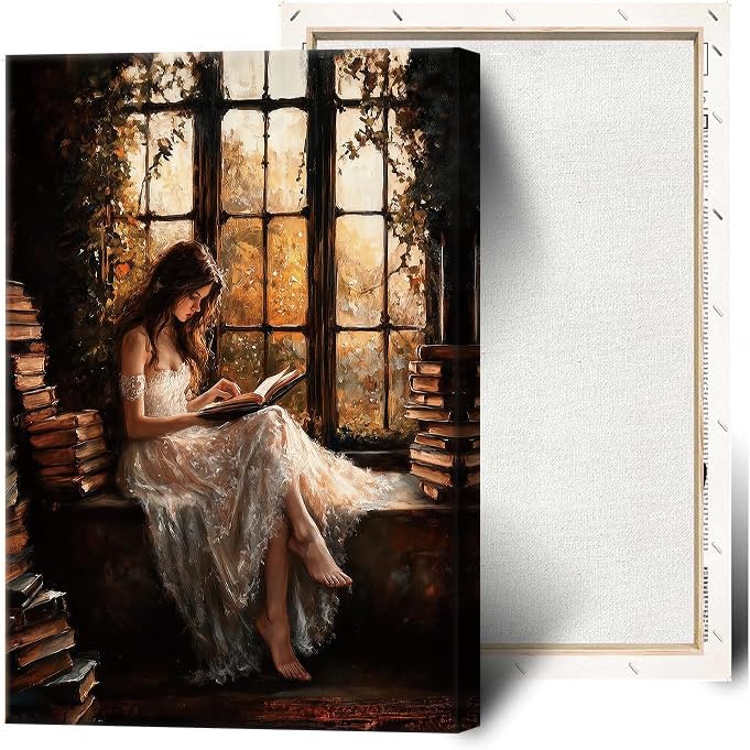 uoyien Vintage Victorian Girls Reading Portrait Canvas Wall Art Prints Dark Cottagecore Pictures Wall Decor Moody Bookish Paintings Artwork for Library Reading Room Bedroom 12x16in Wrapped Canvas - color: Brown, size: 12x16in Wood Framed