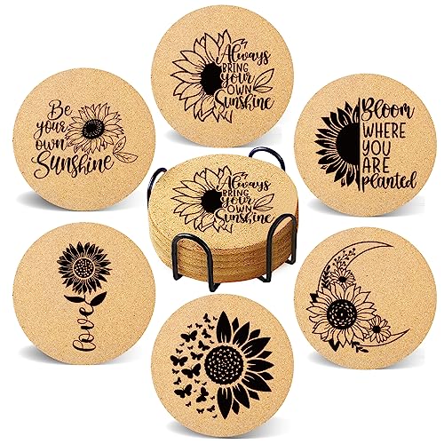Coasters for Drinks with Holder Set of 6, Sunflower Absorbent Cork Wood Coaster for House Warming Gifts New Home Couples for Cup Desk Table Office Kitchen Decor, Round 4" - color: Sunflower