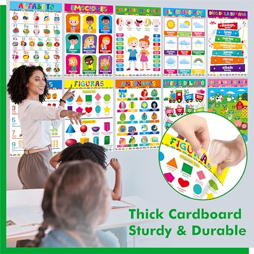 17 Spanish & English Posters, Thick Elementary Bilingual Poster Set, Waterproof & Tearproof with PET Film, Early Learning Tool, Dual Language Educational Posters for School Supplies, Classroom Decor - color: 17 Spanish & English Posters