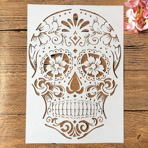 TIAMECH A4 Reusable Mandala Sugar Dead Skull Stencil for Painting - style: Mandala Skull