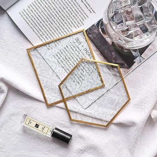 Glass Gold Coasters for Drinks with Holder, 6 Pcs Cup Coaster Set with Carved Glass Stylish for Coffee Tea Wine Coasters for Bar with Brass Edge Hexagon and Square Coasters Home Decor - color: Square and Hexagonal Coasters With Holder