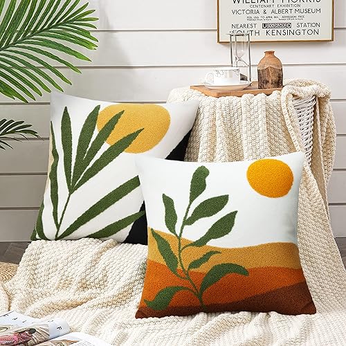 Merrycolor Boho Decorative Throw Pillow Covers Abstract Tufted Mid Century Modern Throw Pillows Green Leaf Sun Aesthetic Textured Pillow Cover Decorative Throw Pillows for Bed Couch Sofa,18x18 - color: Style E, size: 18" x 18" (Pack of 1)