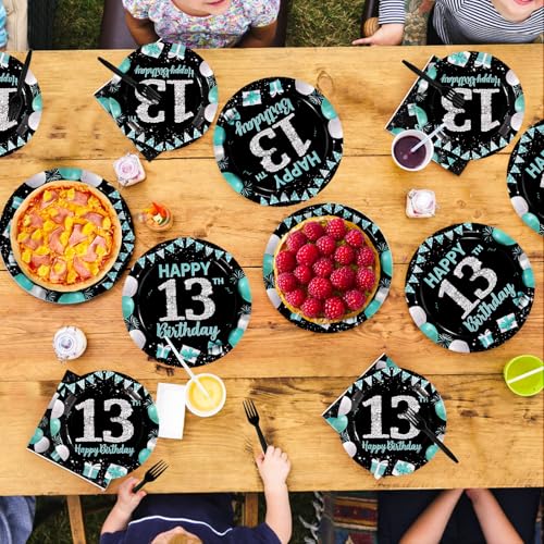96Pcs Teal Black 13th Birthday Party Decorations, Serves 24 - style: Peacock Blue Black 13th Birthday
