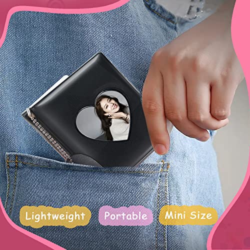 3 Inch Kpop Photocard Holder Book, Mini Photo Kpop Album Kpop Photocard Binder, Love Heart Hollow Kpop Photocard Binder Collector Book 32 Pockets Portable Photo Card Holder with Love Heart Pendant - color: Black