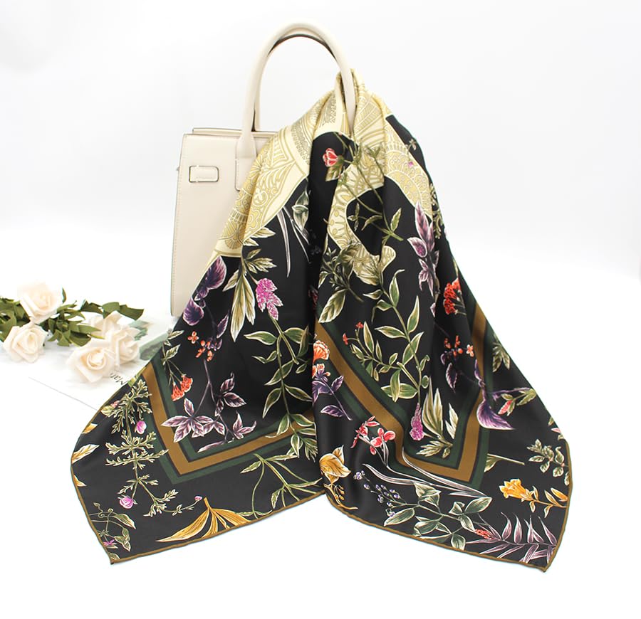 ANDANTINO 100% Mulberry Silk Scarf -Women 35" Square Hair Wraps-Gift Packed - color: Black Horse-twill