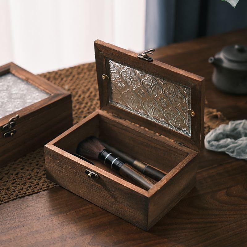 Vintage Wooden Storage Box with Glass Lid, Keepsake Box Small Decorative Storage Box for Jewelry, Trinket, Gift and Home Decorations (Small) - size: Small