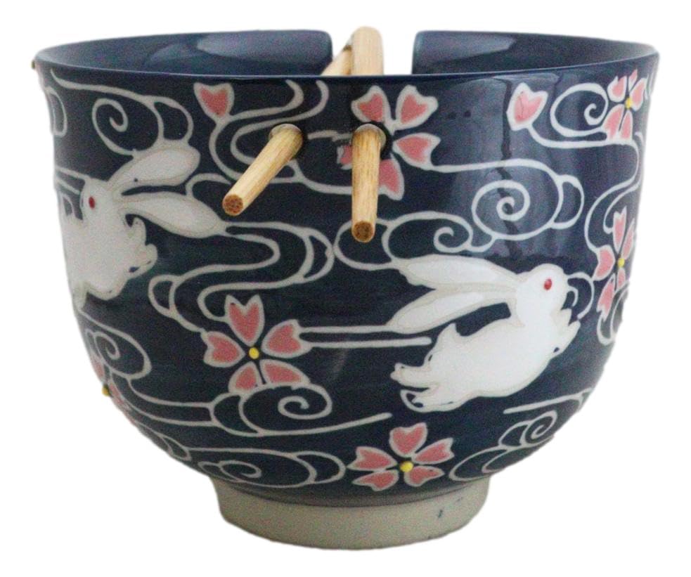 Ebros Gift Artistic Donburi Ramen Udon Noodles Soup Salad 5" D 18Oz Bowl With Bamboo Chopsticks And Built In Rest Set Asian Dining Kitchen Accent (White Rabbit With Sakura Cherry Blossoms) - color: White Rabbit With Sakura Cherry Blossoms