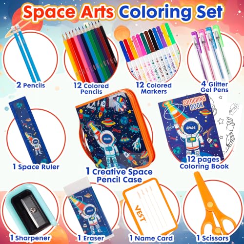 Washable Markers Set with Glitter Pencil Case, Art Supplies for Kids Ages 4-6-8, Arts Crafts Travel Coloring Kit for Boys 4 5 6 7 8 Year Old Birthday Gifts - color: Space