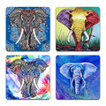 Watercolor Hand Drawn Elephant Square Coaster Set of 4 - color: Watercolor Hand Drawn Elephant