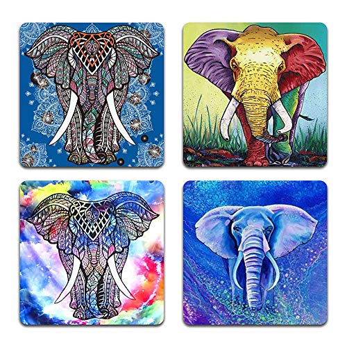 Watercolor Hand Drawn Elephant Square Coaster Set of 4 - color: Watercolor Hand Drawn Elephant