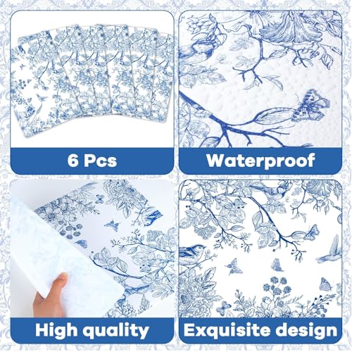 Blue Floral Placemats Set of 6 Flower Bird Plastic Table Mats Seasonal Spring Placemats Chinoiserie Place Mats Rustic Vintage Table Decoration for Indoor Outdoor Party Kitchen Dining - style: Blue Floral
