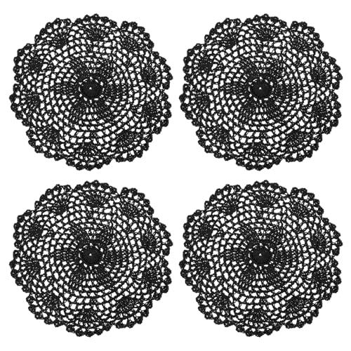 uxcell Lace Doilies, 4pcs 8" - Cotton Woven Round Crochet Coaster, Floral Design Fabric Handmade Placemat for Drink Wedding Party Decoration (Black) - color: Black