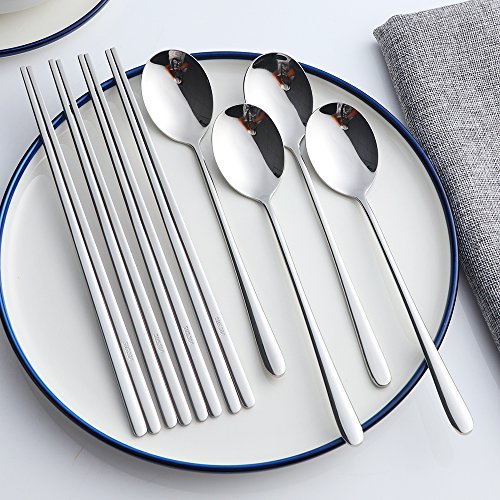 Buyer Star 4 Set Silver Korean Chopsticks Spoon Set Reusable Metal Stainless Steel Spoon Chopstix Set - color: silver-flat chopstick and spoon