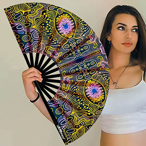 UV Glow Rave Fan, Bamboo Folding Clack Hand Fans Foldable for Men Women, Poping Fan for EDM Festival Line Dance Decoration, (Space Psychedelic, Large 13") - color: Space Psychedelic, size: Large 13"
