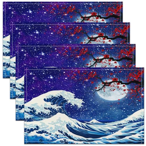 Feelyou Japanese Wave Placemats Set of 4 Ocean Wave Placemat for Kitchen Dining Table 18"x12" Cherry Blossoms Home Decor Table Place Mats Blue Japanese-Style Indoor Outdoor Decor Table Mats - color: Dark Blue