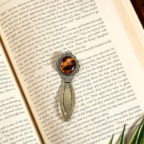 2Pcs Vintage Natural Stone Protein &Tiger Eye Bookmark with Natural Crystal Stone - Fantasy Brass Metal Bookmarks for Reading Women, Men, Book Lovers, Girls and Teachers Book Marks(Tiger Eye&Natural) - color: Yellow Jade&natural Stone Protein