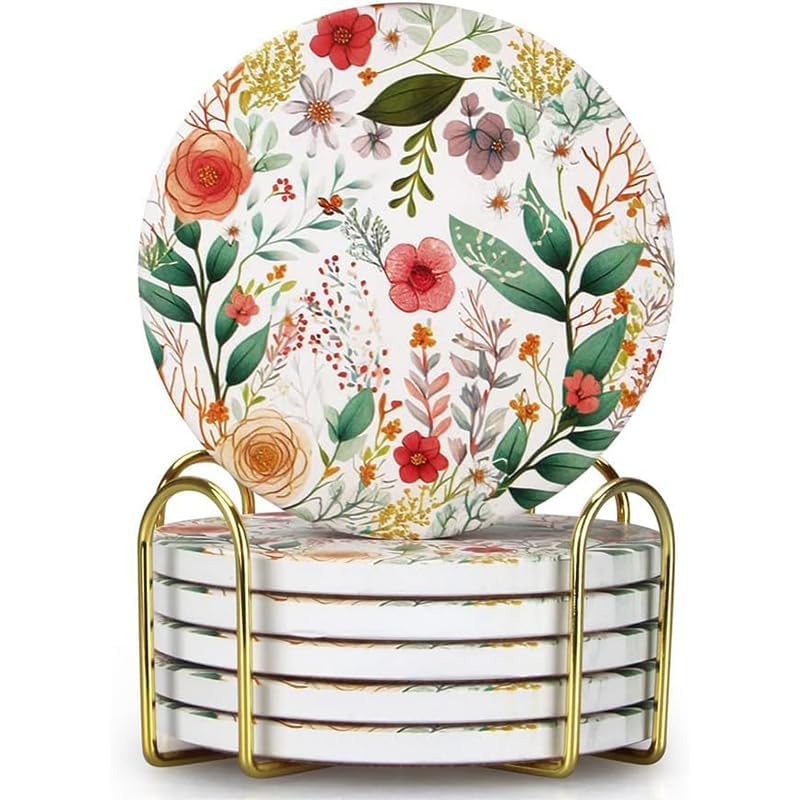 Cute Flower Absorbent Drink Cup Coasters Set of 6 Floral Coffee Table Decor