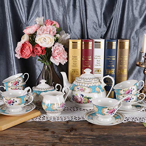 fanquare 15 Pieces European Retro Rose Tea Set,English Flora Tea Set for Adults,Porcelain Coffee Set