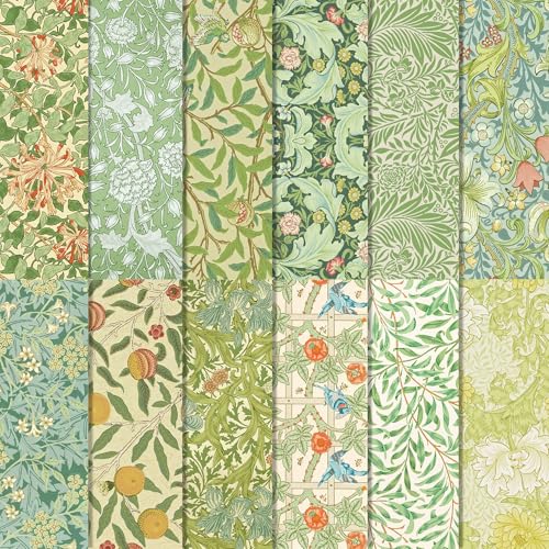 24 Sheets William Morris Floral Pattern Paper William Morris Floral Scrapbook Paper Pad 12'' x 12'' Green Vines and Flowers Patterned Double-Sided Cardstock Paper for Background Card Making Origami