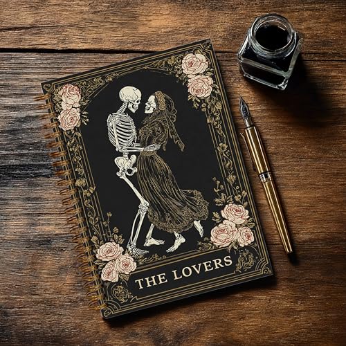 The Lovers Tarot Notebook Journal for Women - A5 Spiral Notebook with Dark Mystic Spells Skull Design, Vintage Witchy Journal, Lined Paper, Gothic Office & School Supplies, Unique Gifts for Women Birthday Graduation Christmas(Black-Skull) - color: Black-S